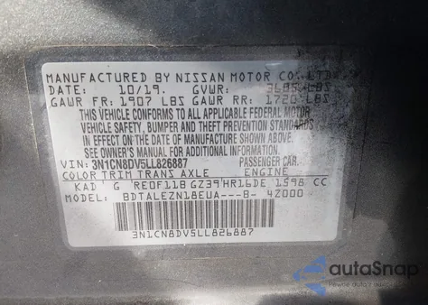 2020 Nissan Versa S Xtronic Cvt z USA, uszkodzony, nr VIN 3N1CN8DV5LL826887